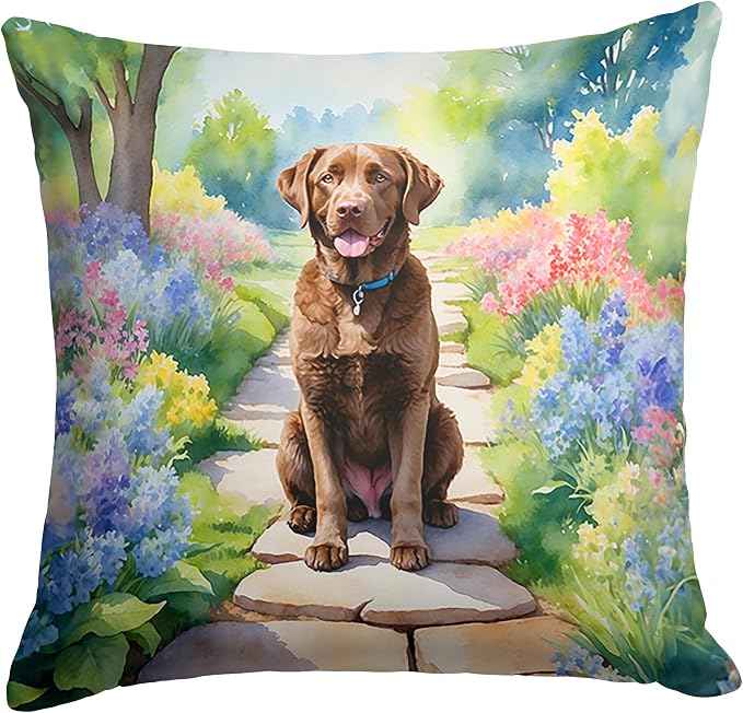 Caroline's Treasures Chesapeake Bay Retriever Spring Path Throw Pillow Machine Washable, Indoor Outdoor Decorative Pillow for Couch, Bed or Patio, 18Hx18W