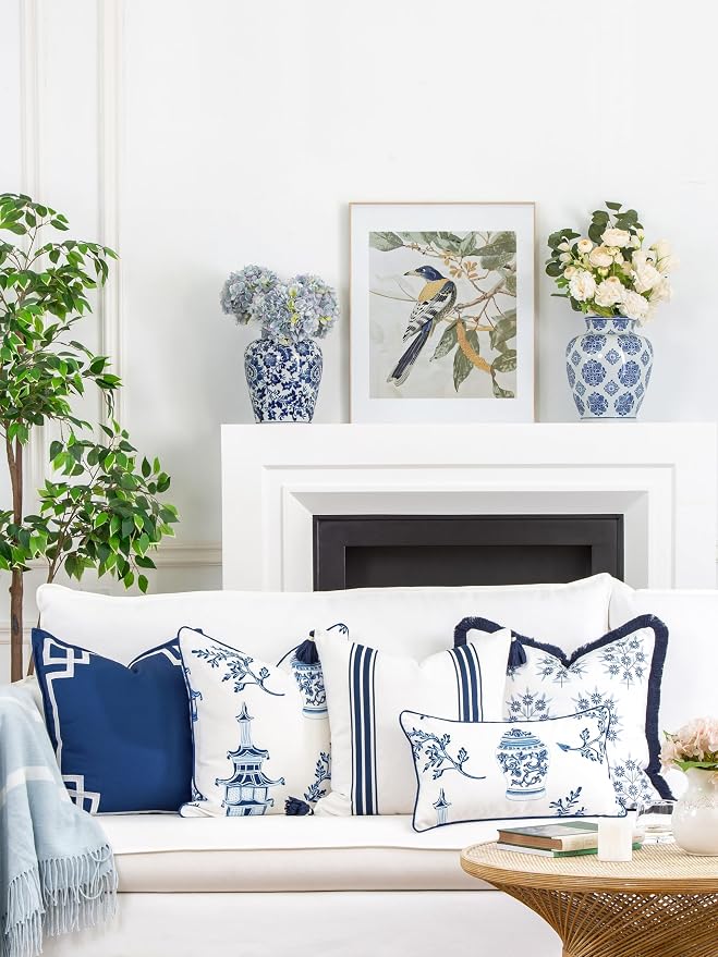 Hofdeco Premium Coastal Patio Indoor Outdoor Lumbar Pillow Cover Only, 12"x20" Water Repellent for Backyard, Couch, Navy Blue Chinoiserie with Piping