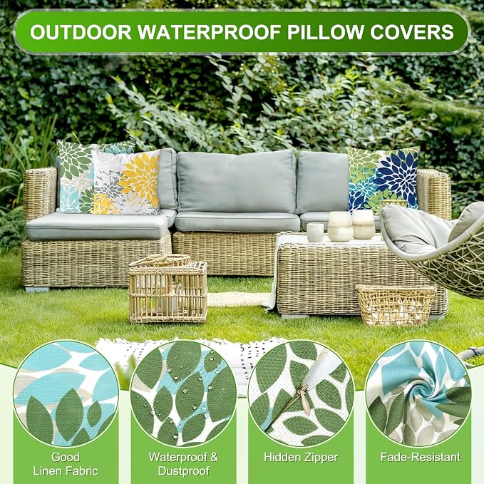 M METERXITY 2-Pack Pillow Cover 20x20 Linen, Sky Blue Green Gray | Water Resistant Floral Decor Slipcover, for Patio, Balcony, Garden, Outdoor Pillow Case