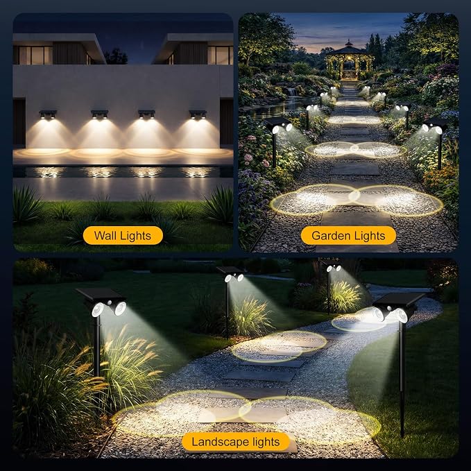 Solar Lights Outdoor Waterproof, Dual Heads Adjustable Solar Spot Lights Outdoor, 2-in-1 Motion Sensor Solar Powered Spotlight Landscape Lighting for Garden, Yard, Pathway- 4 Pack (Cool White)