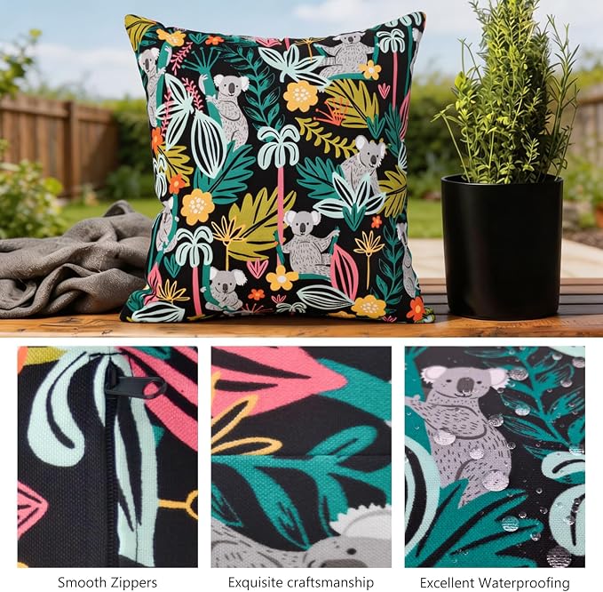 Outdoor Pillow Covers 18x18 Set of 2 Koala Tropic Print, Waterproof & UV Resistant Polyester for Patio, Couch, Porch, Spring & Summer Decor