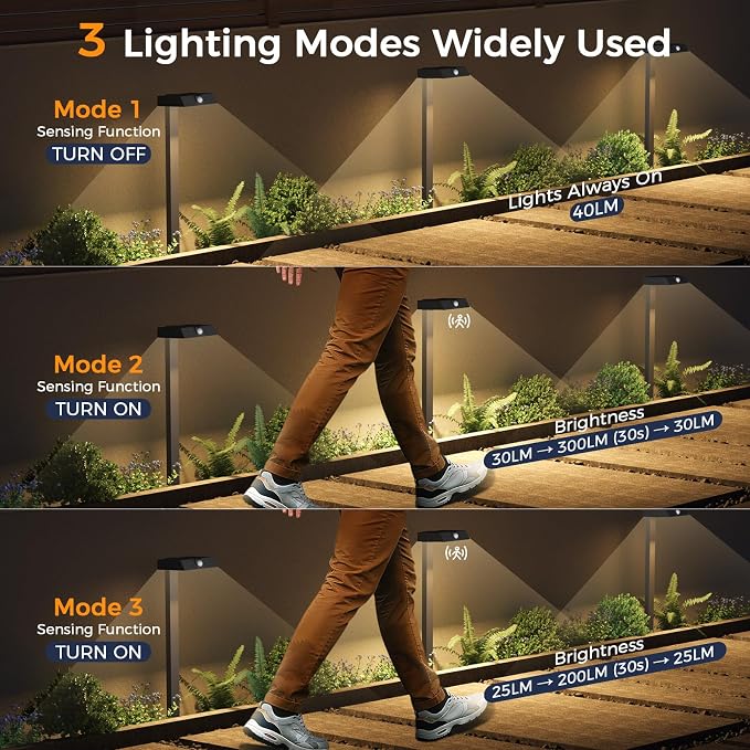 XMCOSY+ Solar Pathway Lights, 4 Pack Metal Motion Sensor Outdoor Lights | 300LM bright garden light for yard, backyard, driveway, walkway, 3 lighting modes, all-night lighting (warm/cool white)