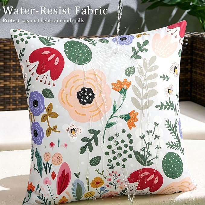 Pyonic Waterproof Outdoor Pillow Covers 18x18 Set of 2, Colorful Floral Decorative Cushion Covers for Patio Furniture, Garden, Balcony,Sunbrella， Boho Nordic Outdoor Indoor Home Decor