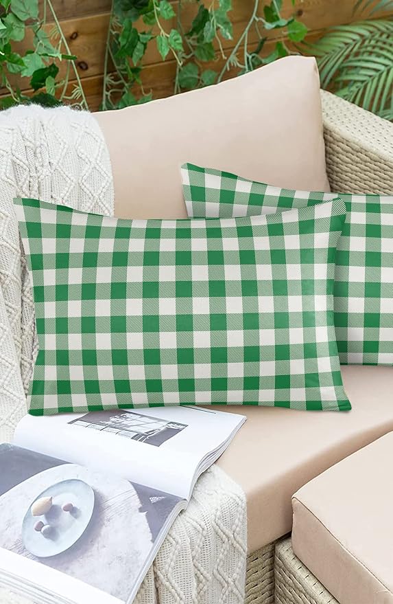 Outdoor Waterproof Throw Pillow Covers Set of 2 Green Buffalo Check Plaid Lumbar Pillowcases 20x12 Inches Farmhouse Style Patio Decorative Pillows Cushion Case Patio Pillows for Couch Bed Chair Garden