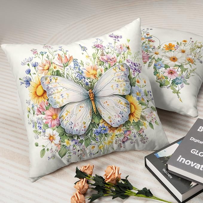 Colorful Butterfly Floral Pillow Covers Spring Summer Throw Pillow Covers 18x18 Set of 2 Sunflower Daisy Wildflowers Farmhouse Pillow Cases for Home Living Room Sofa Couch Decor