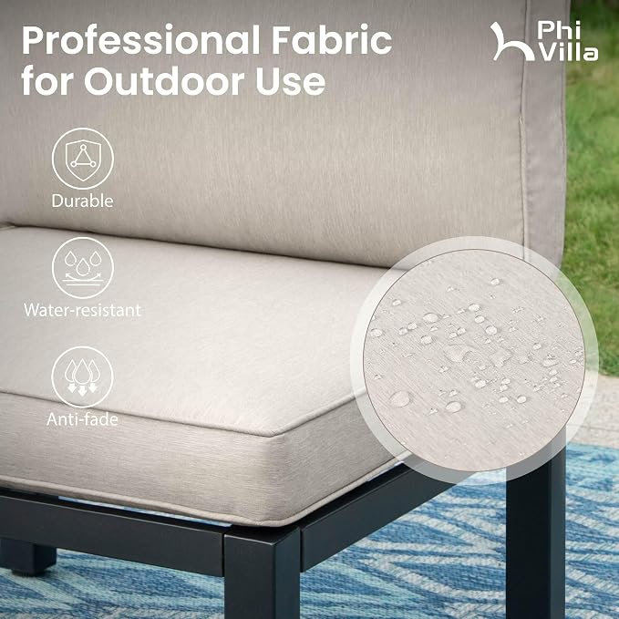 PHI VILLA Outdoor Patio Furniture Set, Metal Frame Modern Loveseat Couch for Poolside and Backyard,Light Grey