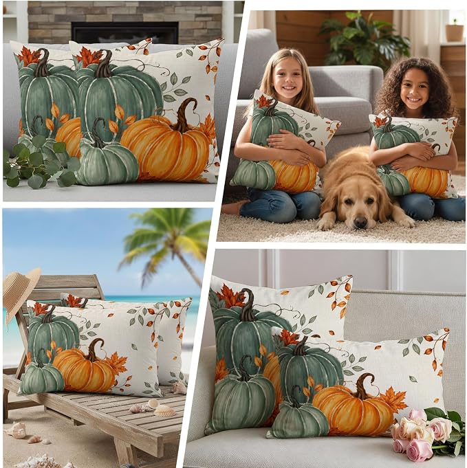 Green Orange Fall Waterproof Outdoor Pillow Covers 20''x12'' Set of 2, Maple Leaves Thanksgiving Patio Furniture Cushion Covers for Chairs,Decorative Farmhouse Beige Pillow Cases for Garden/Pool/Beach