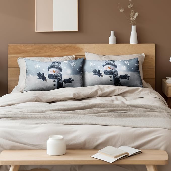Navy Blue Snowman Lumbar Pillow Covers 12x20 Set of 2 Winter Holiday Rectangle Throw Pillow Covers Snowman Snowflakes Waist Cotton Blend Pillow Case for Christmas Decor Couch Living Room