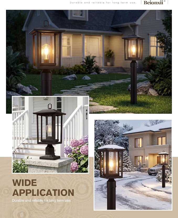 Beionxii Oil Rubbed Bronze Outdoor Post Lights 2 Pack, 19In Lamp Post Light Fixture for Outside with Pier Mount Base, Waterproof Aluminum Housing,ORB Column Mount Light(Hardwired 120V),BXA197-P-2P-ORB