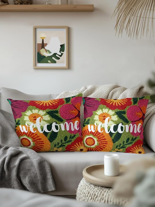Outdoor Waterproof Throw Pillows 18x18in, Farmhouse Rustic Orange Red Floral Patio Pillows Pack of 2, Decorative Pillow Covers with Insert, Pillow Cushion Case for Garden Abstract Green Leaves