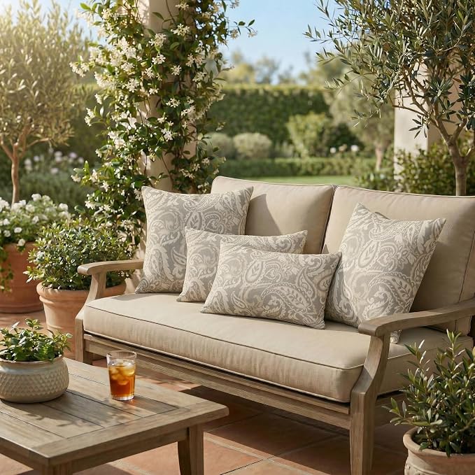 RSH DECOR: Lumbar & Square Pillows Set of 4 | 20" x 12" & 20" x 20" | Water & Fade-Resistant Performance Fabric | Outdoor Throw Pillows for Patio Furniture | Made in USA (Ayideal Fossil)