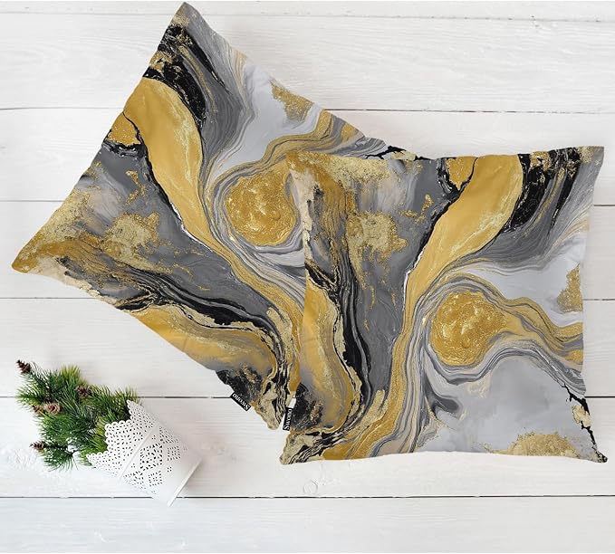 Swono Marble Pillow Covers, Abstract Splash Golden Black Ink Marble Decorative Pillow Case Home Sofa Cushion Set, Pillow Cushion Cases for Bed/Patio/Garden/Balcony, 2-Pack, 18x18 Inch