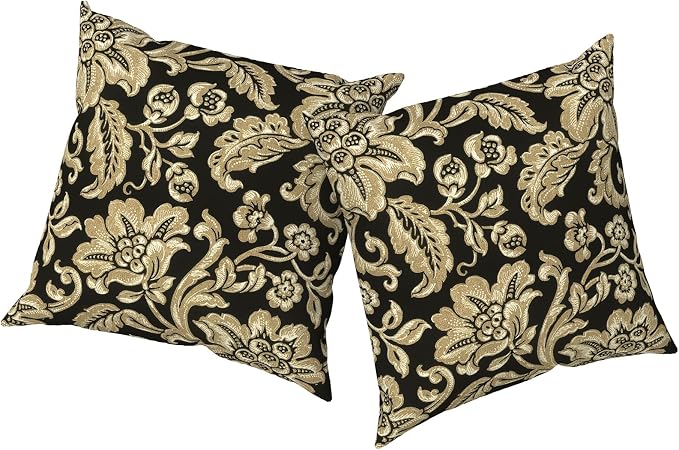 Outdoor Pillows with Insert 16x16 Inch, Waterproof Throw Pillow for Patio Furniture, Decorative Back Cushion for Garden Home Sofa Office Chair, Set of 2, Jacobean Black