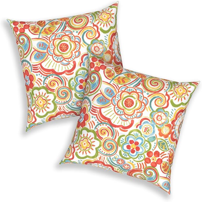 Outdoor Throw Pillows with Inners 20x20 Inch, Square Pillows Decorative for Home Garden Furniture Set of 2, Flower Multi