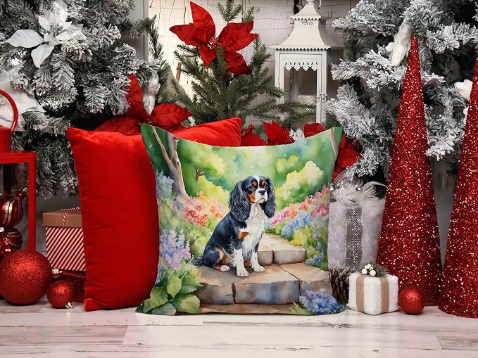 Caroline's Treasures Cavalier Spaniel Spring Path Throw Pillow Machine Washable, Indoor Outdoor Decorative Pillow for Couch, Bed or Patio, 14Hx14W
