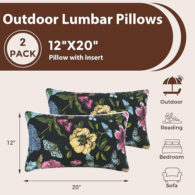 FUNHOME Outdoor Lumbar Pillow with Insert 12x20 Inch-Black Flower Butterfly | Outdoor Pillows Pack of 2 for Patio Furniture, Water-Repellent, Decorative Garden Pillows for Home Patio Coach Sofa Use