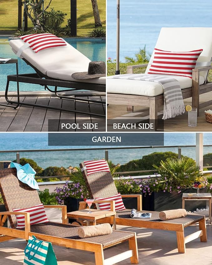 Red and White Striped Outdoor Pillows with Insert Red White Geometric Waterproof Patio Pillows with Adjustable Strap Rectangle Head Recliner Lounger Chair Throw for Patio Furnitures, 1 Pack