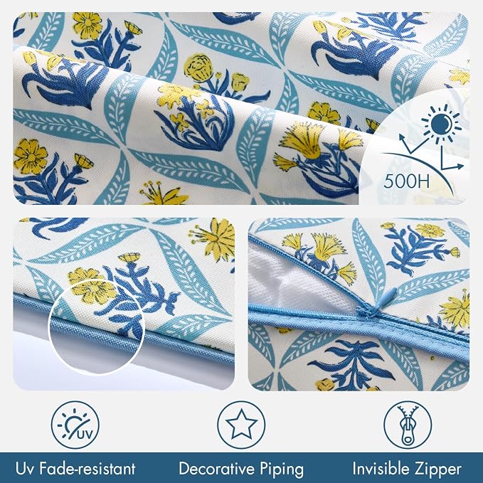 ANRODUO Floral Outdoor Waterproof Pillow Covers Set of 2 Yellow 16x16 Inch | Square Block Print Decorative Cushion Cases With Refined Edge Piping for Summer Patio Porch Garden Couch Sofa Bench Decor