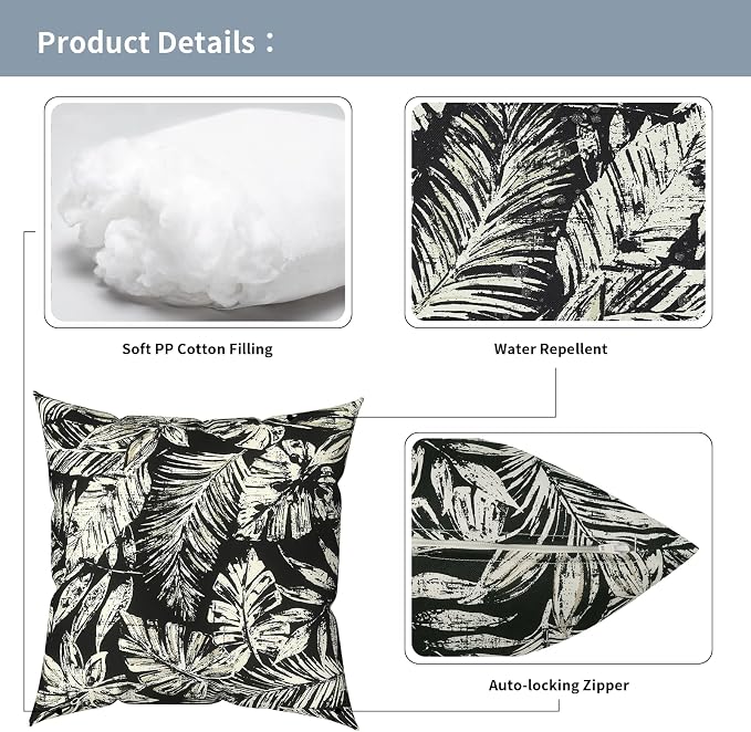 Outdoor Pillows with Insert 20x20 Inch, Waterproof Throw Pillow for Patio Furniture, Decorative Back Cushion for Garden Home Sofa Office Chair, Set of 2, Tropical Leaf Black