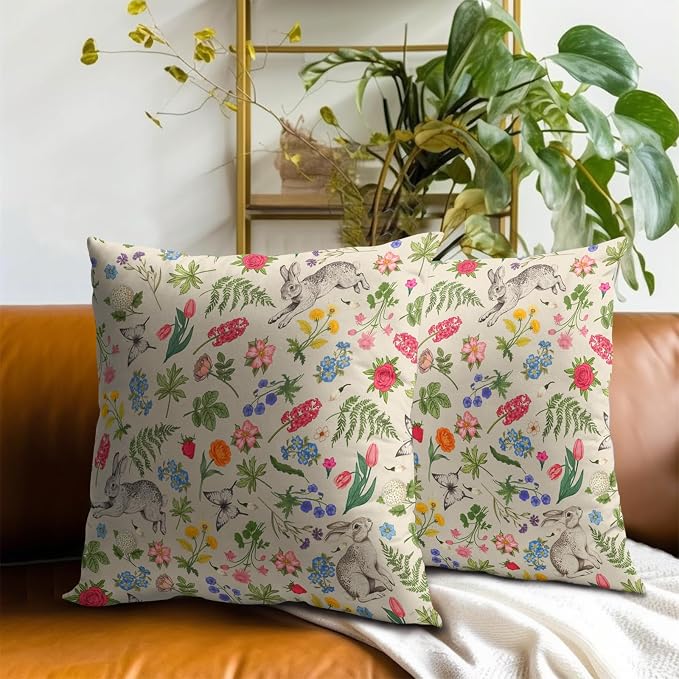 Spring Easter Throw Pillow Covers - Flower Sage Green Leaves Vintage Botanical Plants Pillow Cases Decorative for Rabbit Decor Couch Sofa Bedroom Living Room 20x20 Inch Set of 2