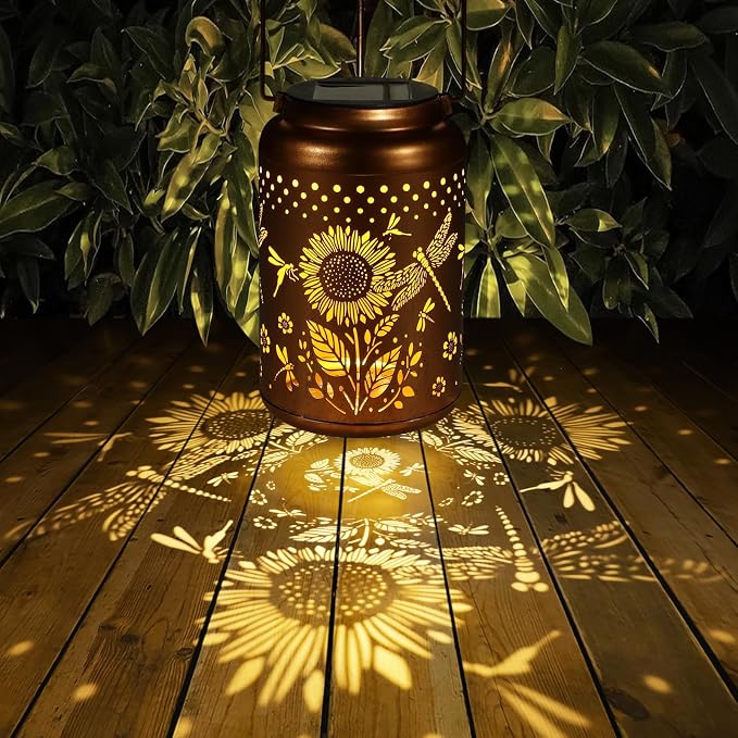 Solar Lanterns Outdoor Waterproof Hummingbird Garden Decor Christmas Gifts for Women Mom Grandma Hanging Lights Metal Decoration Outside for Yard, Patio,Backyard,Porch(Dragonfly and Sunflower) | Metal Hanging Solar Lights Birthday Gifts for Grandma Mom...