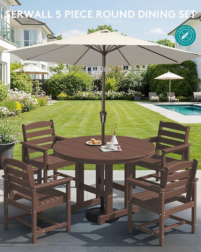 SERWALL 6-Piece Patio Dining Sets, HDPE Outdoor Table and Chairs Furniture Set with Umbrella, 45" Round Dining Table & 4 Dining Chairs & 1 9FT Umbrella, Coffee(Not Include Umbrella Base)