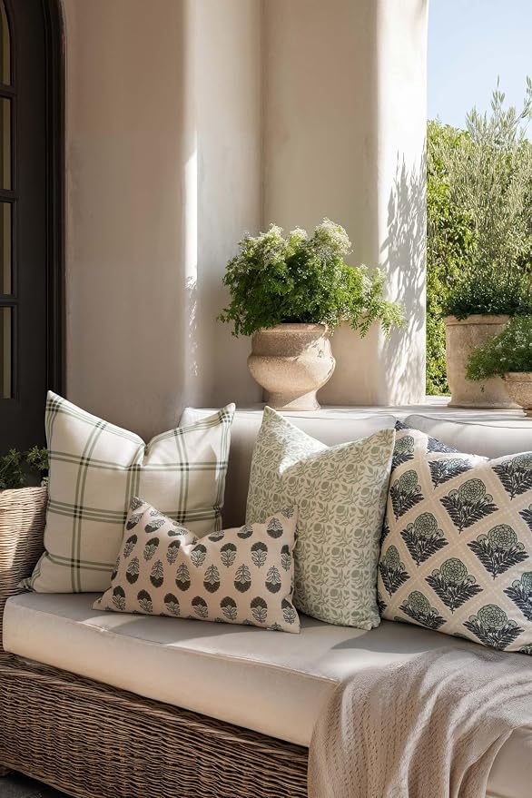 Crumbs Home Modern Farmhouse California Casual Indoor Outdoor Throw Pillow Cover, 20"x20" Water Repellent for Patio, Backyard, Couch, Poolside, Light Green Print Floral and Leaves Geometric