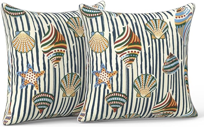 LVTXIII Outdoor Throw Pillows 16x16 Patio Waterproof Square Pillows with Piping Fade Resistant Accent Pillow for Spring Summer Garden Decoration, Set of 2, Crayon Shells