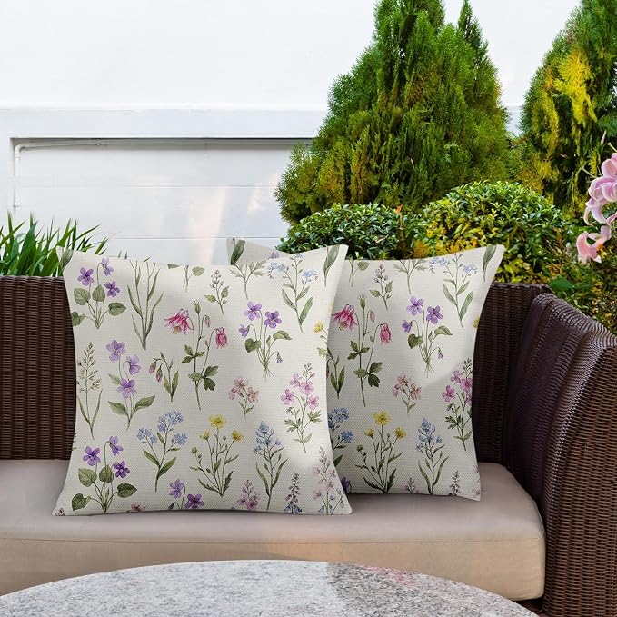 Outdoor Throw Pillow Covers, Floral Wildflower, Set of 2 | Botanical waterproof 18 x 18 inch square pillowcase cushion case decorative pillows for farmhouse garden couch beach patio