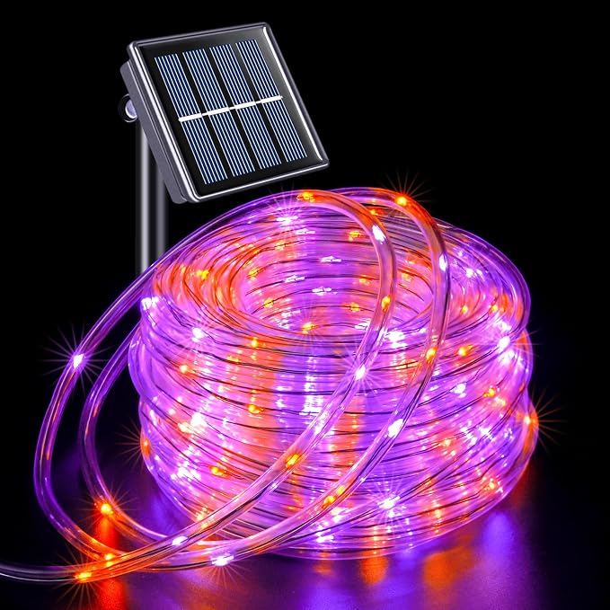 JMEXSUSS 66 ft 200 LED Orange and Purple Halloween Solar Lights | Purple Christmas Rope Lights Outdoor Waterproof, Orange Halloween Lights for Halloween Fall Party Tree Christmas
