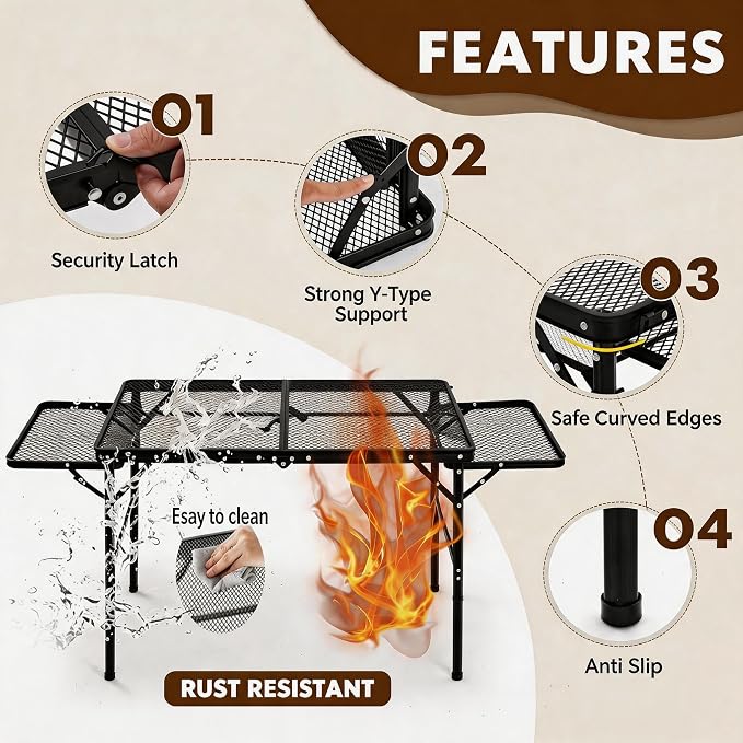 Folding Camping Table with 2 Wing Panels – Adjustable Height & Width Portable Outdoor Grill Table, 3x2 FT Lightweight Metal Picnic Table with Mesh Layer & Side Pocket for BBQ, Beach, Tailgate, Hiking