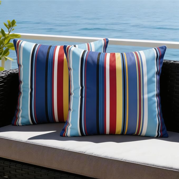 Pyonic Set of 2 Outdoor Pillow Covers 18x18 inch Waterproof Navy Nautical Striped Outdoor Pillow Covers Square Patio Pillows for Patio Tent Garden Beach