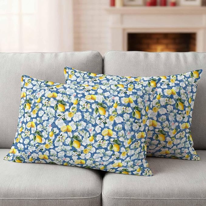 Yukro Summer Lemon Outdoor Waterproof Pillow Covers Pack of 2, Yellow Fruit White Flowers Country Plant Blue Throw Pillowcases Decorative Cushion Covers for Garden Patio Tent Sofa Couch, 20x12 inch