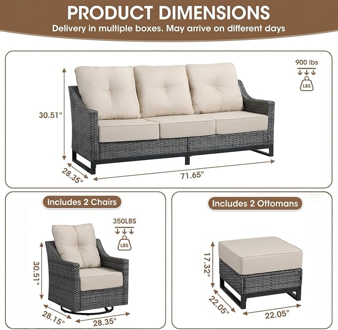 5 Piece Patio Furniture Set, Grey Wicker Outdoor Conversation Set with 2 Swivel Rocker Chairs, Sofa and 2 Ottomans, 6-Inch Thick Cushions, Beige Olefin Covers for Patio and Porch