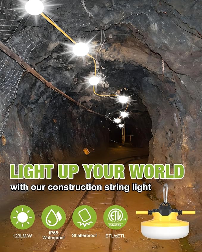 YXL 50FT 8000LM Construction String Lights, 65W Industrial String Work Lights, IP65 Waterproof Super Bright for Construction Sites Temporary Work Jobsites Outdoor Lighting