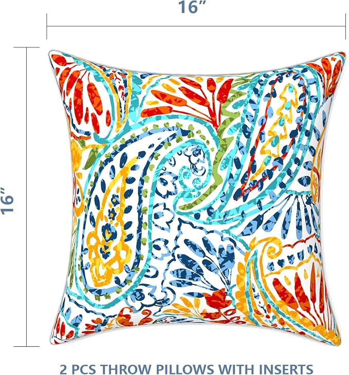 LVTXIII Outdoor Throw Pillows 16"x16" Patio Waterproof Square Pillows with Piping Fade Resistant Accent Pillow for Spring Summer Garden Decoration, Set of 2, Paisley Multi
