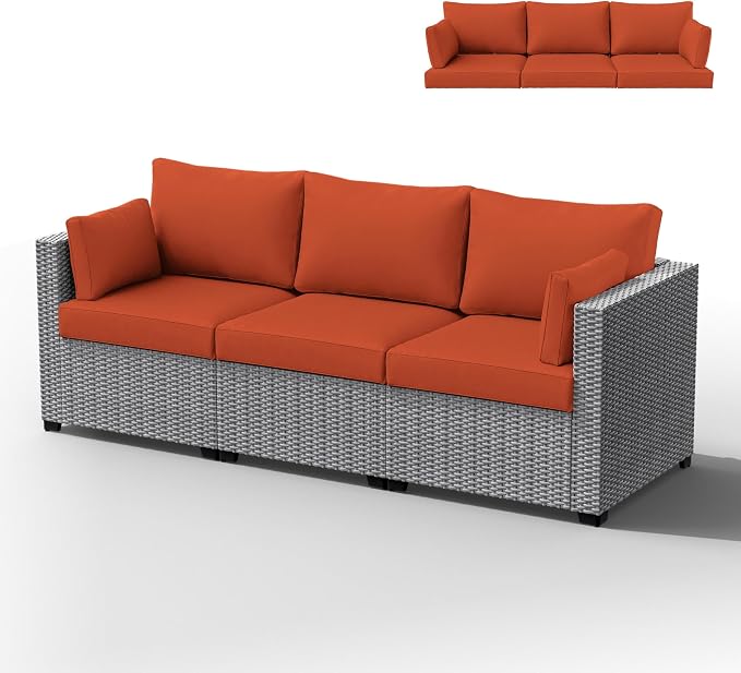 Outdoor Furniture Replacement Cushions, Waterproof Patio Furniture Cushions, 4" Deep Seat Outdoor Sectional Cushion for 3-Seat Outdoors Rattan Sofa Patio Sofa Cushion, Orange