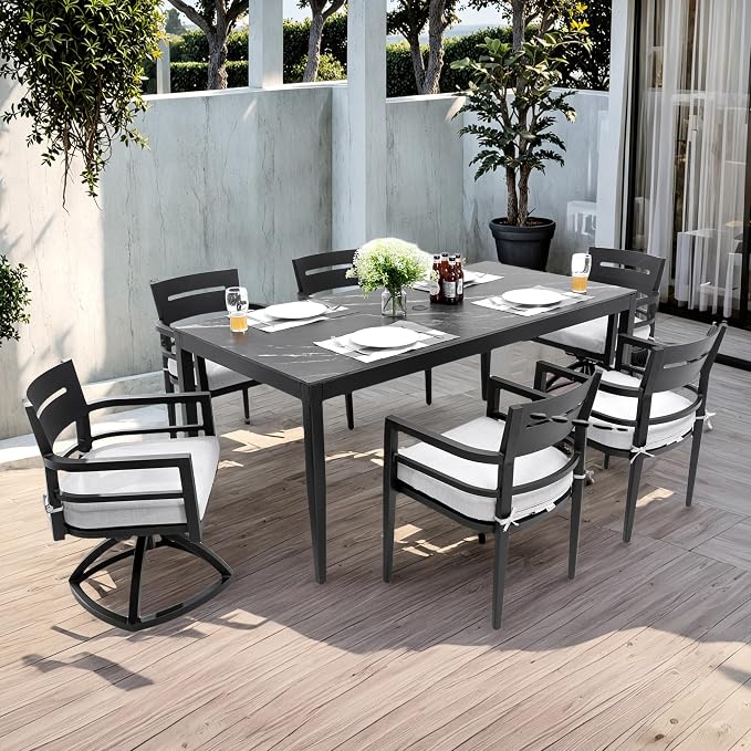 7PC Aluminum Outdoor Patio Dining Set, 71" Rectangular Dining Table with Black Marble Pattern Sintered Stone Top, 4 Chairs & 2 Cushioned Swivel Rockers, All-Weather Patio Furniture