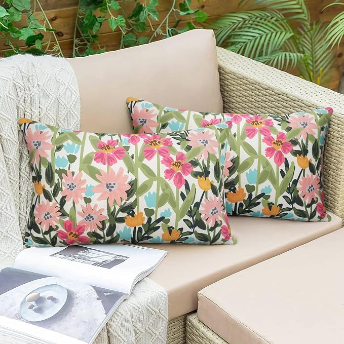 Pyonic Outdoor Pillows Cover Pack of 2 Floral Waterproof Throw Pillow Covers 12X20 inch Outdoor Lumbar Pillows for Patio Furniture Garden Outside Waterproof Throw Pillows
