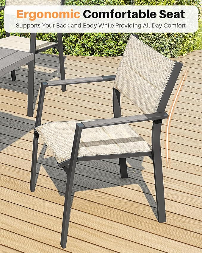 4 Pieces Outdoor Stackable Dining Chairs, Never-Rust Aluminum Stackable Patio Chairs, Patio Dining Chair Set of 4 with Double-Layer Thickened Textilene for Deck, Garden, Poolside, Limed Oak