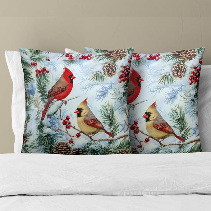 Winter Birds Pillow Covers 22x22 Set of 2, Vintage Red Bird Holly Berry Pine Tree Branch Christmas Throw Pillowcases Square Cushion Cover for Home Couch Living Room Bed Sofa