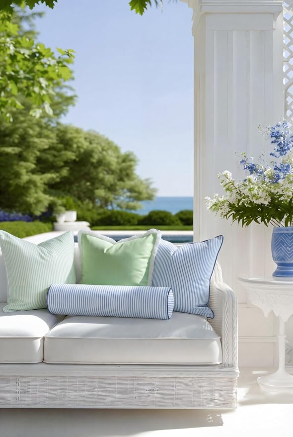 Hofdeco Premium Coastal Hampton Outdoor Performance Bolster Pillow Cover Only, 6"x20" Water Repellent, UV and Fade Resistant for Backyard, Couch, Poolside, Azure Blue Indigo Woven Coastline Stripes