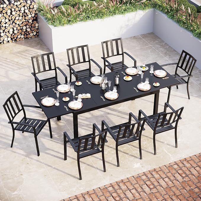 Sophia & William Patio Table and Chairs Set, Outdoor Dining Set for 8, 9 Piece Metal Patio Furniture, 99" Expandable Black Rectangular Table(Stripe)