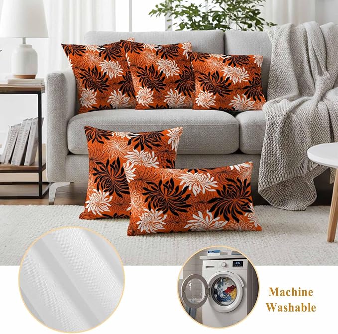 Yukro Orange Black Floral Outdoor Waterproof Pillow Covers Pack of 2, Vintage White Black Flower Orange Decorative Throw Pillowcases Cushion Covers for Garden Patio Tent Sofa Couch, 24x24 inch