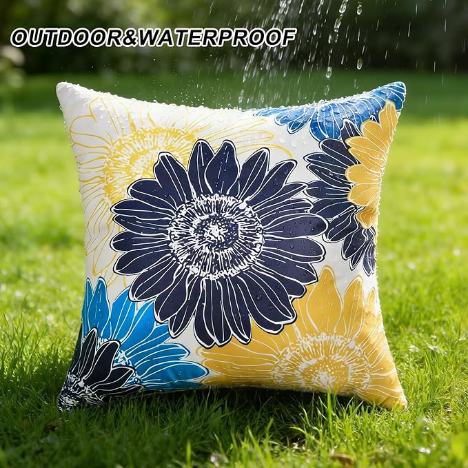 Decorative Floral Throw Pillow Covers Outdoor Waterproof Blue Yellow Sunflower Pillow Covers 16x16 Set of 2 Square Summer Garden Cushion Throw Pillowcase for Patio Furniture Garden Tent Balcony Bench