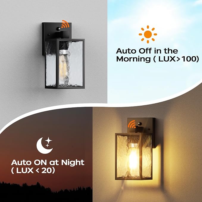 Dusk to Dawn Exterior Lighting Fixtures Outdoor Porch Light Wall Sconce | 10.65 inch, Anti-Rust Metal Frame, Tempered Glass, E26 Base, Waterproof, Sensor Wall Lantern for Patio, Garage, Entryway