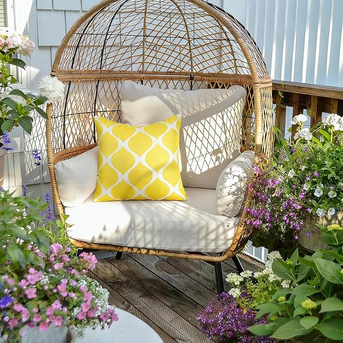 Merrycolor Outdoor Pillows Cover Waterproof Set of 2 Modern Geometric Patterns Yellow and White 18x18 Inches for Patio Furniture Couch Outdoor Throw Pillow Covers for Couch