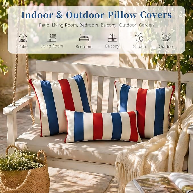 Pack of 2 Outdoor Waterproof Striped Pillow Covers Decorative Throw Covers | 18x18,Garden Cushion Covers, Farmhouse Pillowcases for Couch Sofa Patio Tent Balcony
