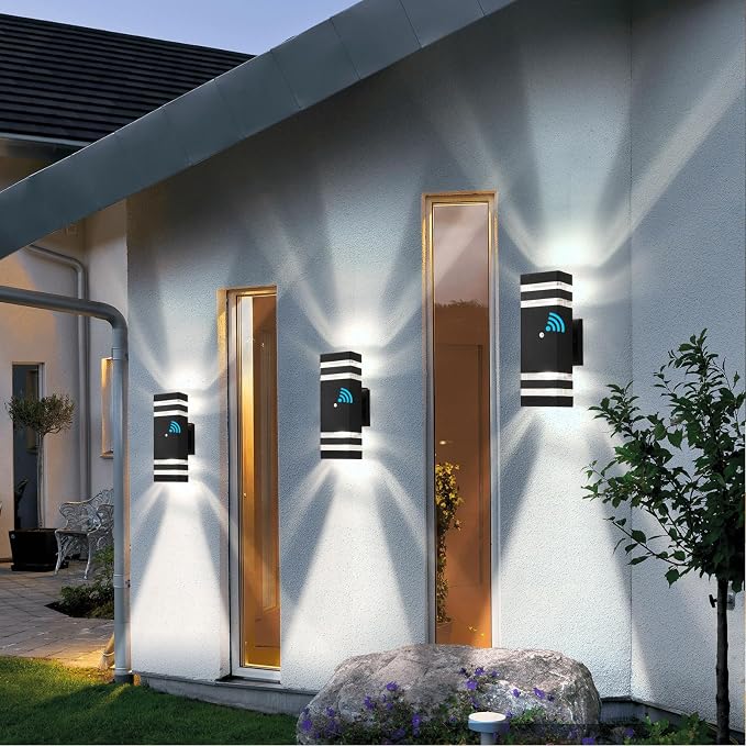 4 Pack Dusk to Dawn Outdoor Wall Lights Modern Exterior Light Fixture, 2-Layer Black Outside Lights for House, IP65 Waterproof Up and Down Outdoor Sconces Wall Lighting for Garage Porch, 3000K