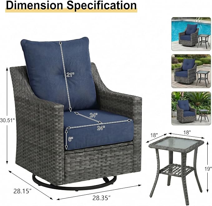 7 Piece Patio Furniture Set with 6" Thick Cushions, Weather-Resistant Wicker Swivel Rocker High Back Chairs and Fire Pit Table for Porch Yard Deck